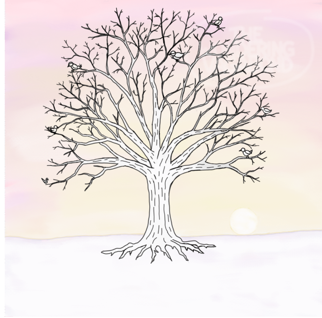 An illustration of a tree with no leaves, on a background of snow and a light colored sunset, and 8 birds sitting in the branches